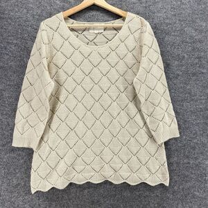 Debbie Morgan Blouse Women L Large Beige Geometric Crochet 3/4 Sleeve Pullover